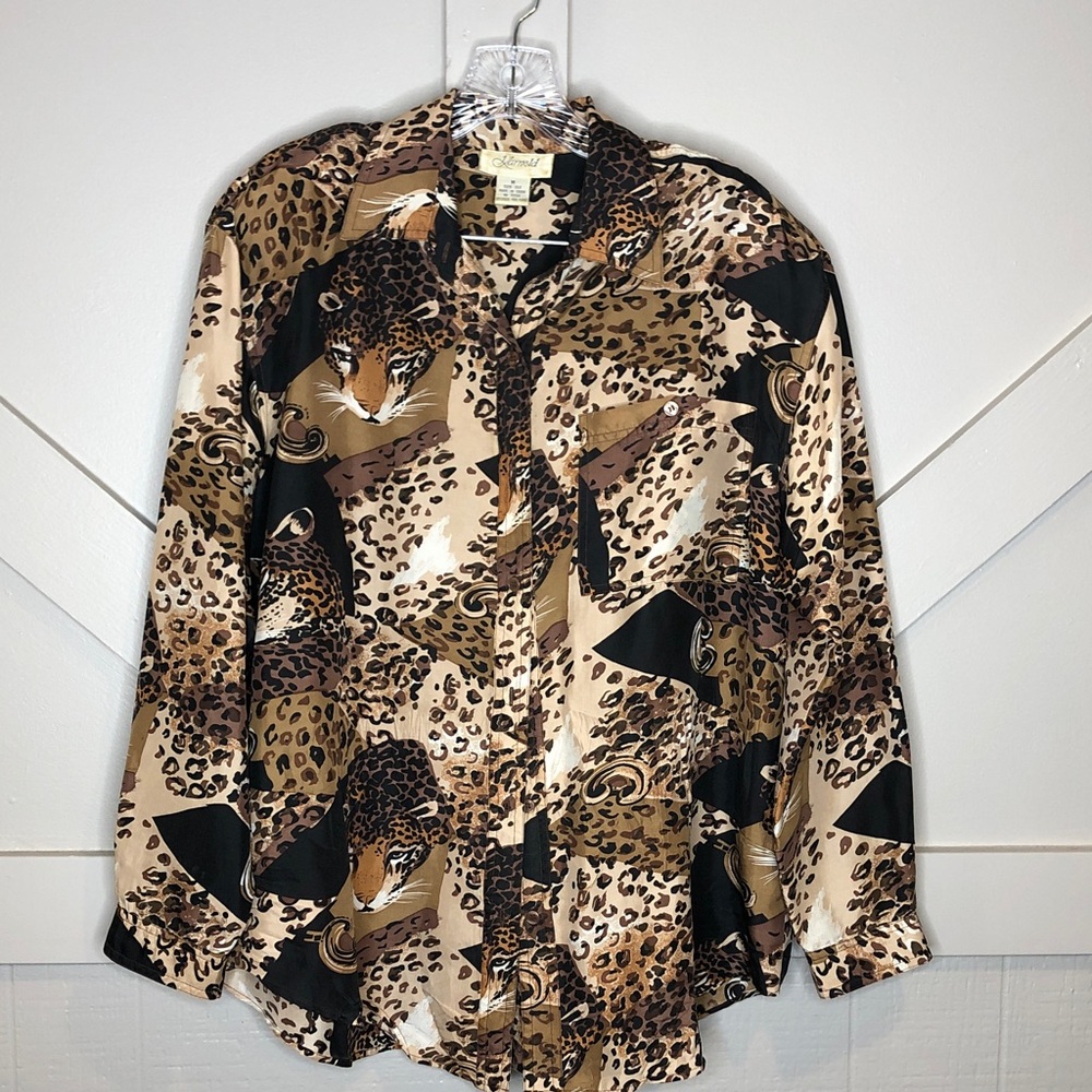 Vintage K Arnold Artsy Animal Print Silk Button-Up Shirt Blouse Shoulder Pads